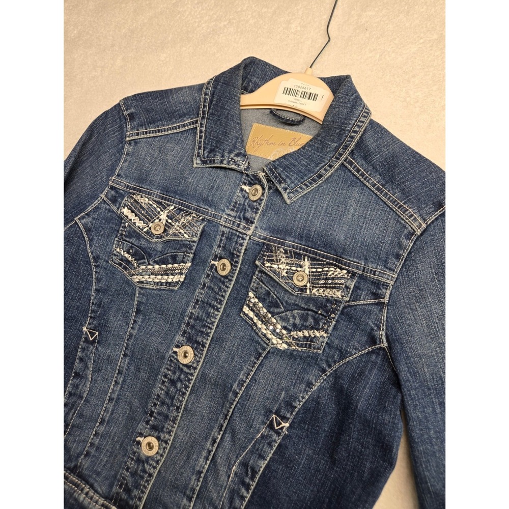 Rhythm in Blues Womens Medium Wash Embroidered Sequin Denim Trucker Jacker M